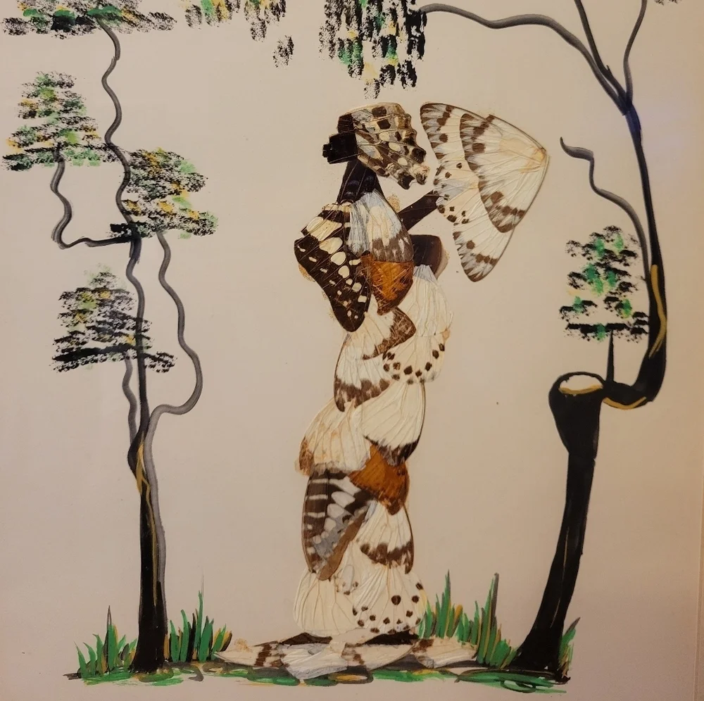 Vintage Butterfly Wing Indigenous African Tribal Framed Hanging Art 12.5